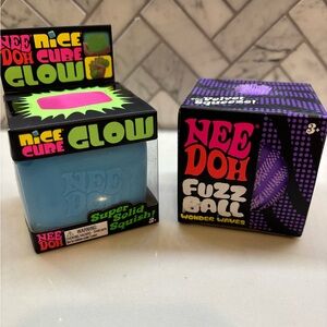 Needoh Blue Nice Cube Glow Super Solid Squish AND purple Fuzz Ball